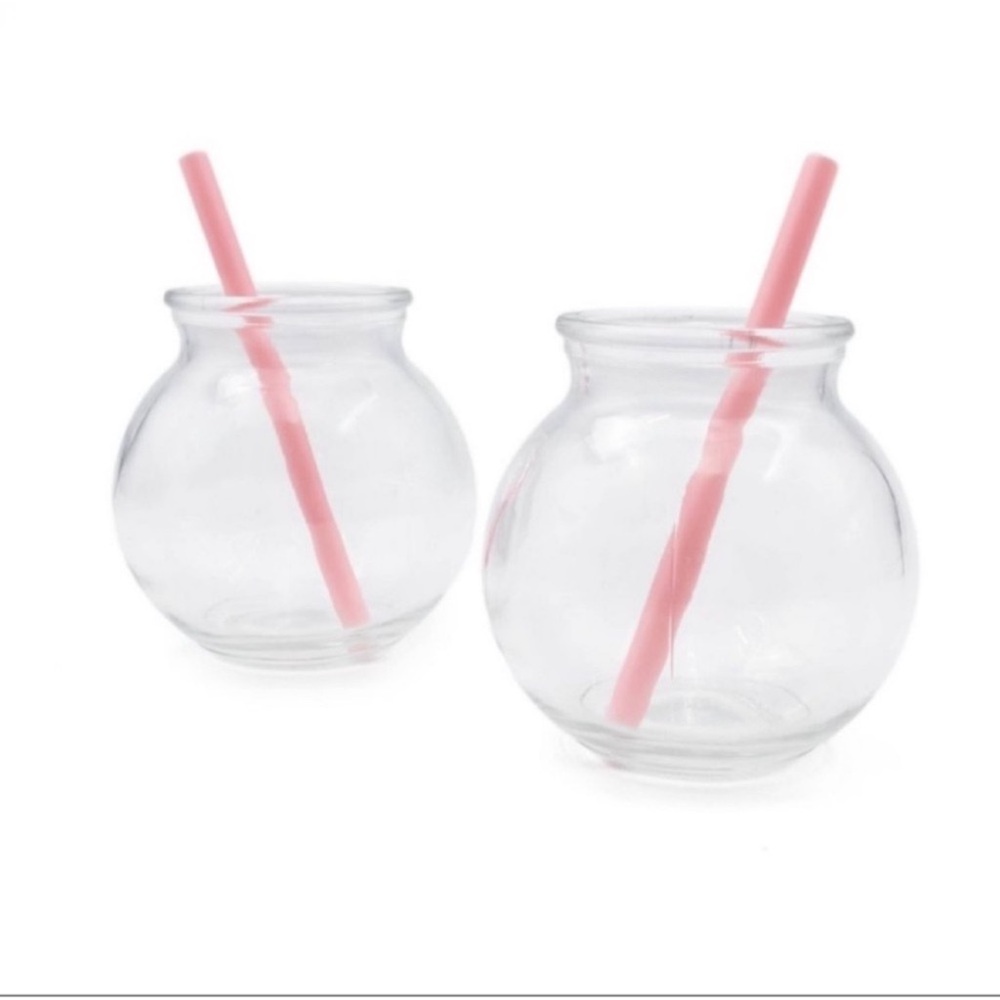 New! Set of 2 Fishbowl Glass Tumblers, Each- 10oz w/ straw
